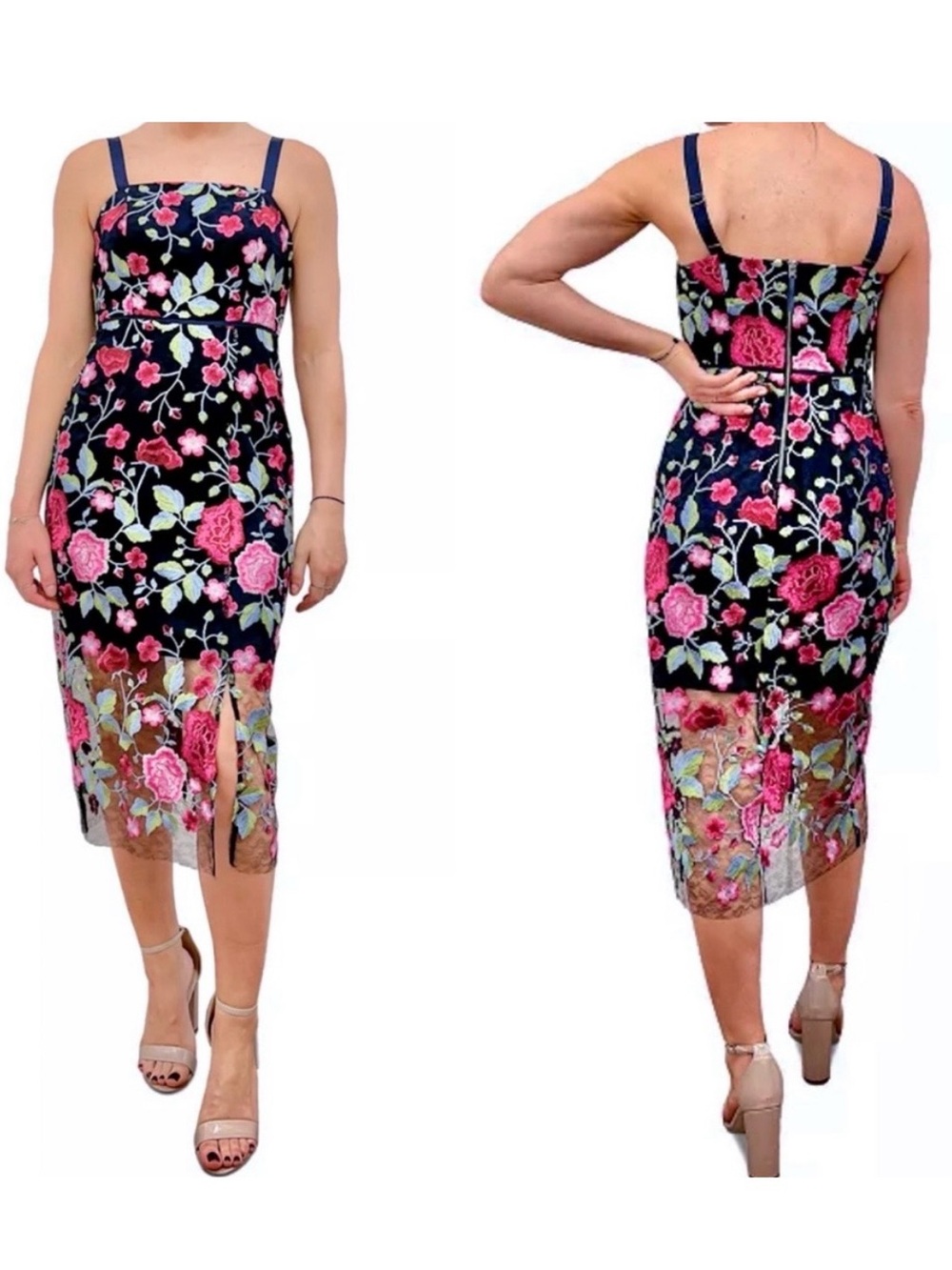 NWT - SAM EDELMAN Peony Embroidery Midi Slit Dress - navy blue, dark pink party